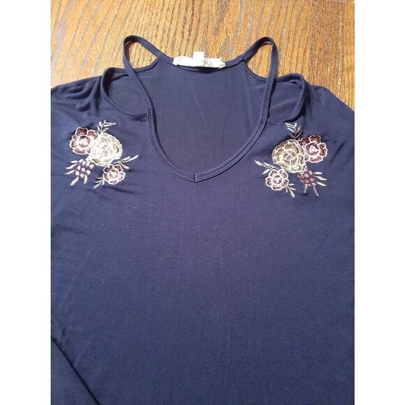 Small Pink Rose Navy Blue Embroidered Flower Cold Shoulder Long Sleeve Top Shirt - Picture 3 of 4